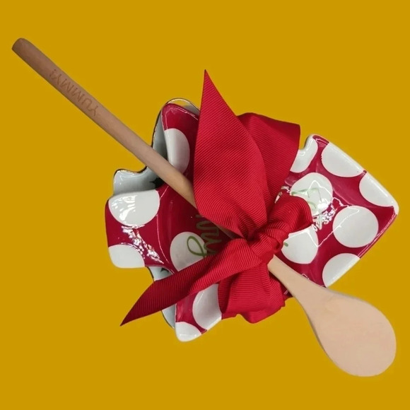 Stacy claire& christmas holy 2 spoon rest with wooden spoon red & wht - Picture 9 of 10